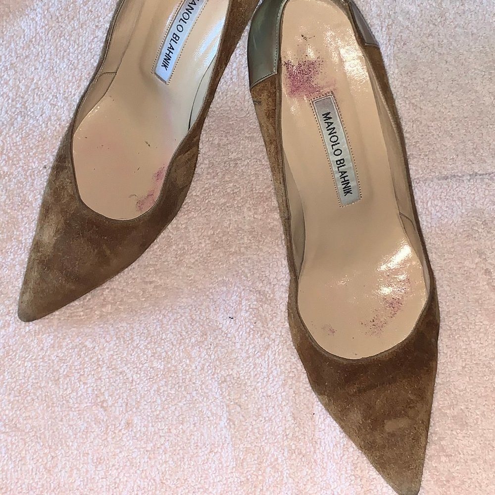 Manolo Blahnik Brown Suede-gold metallic Pumps